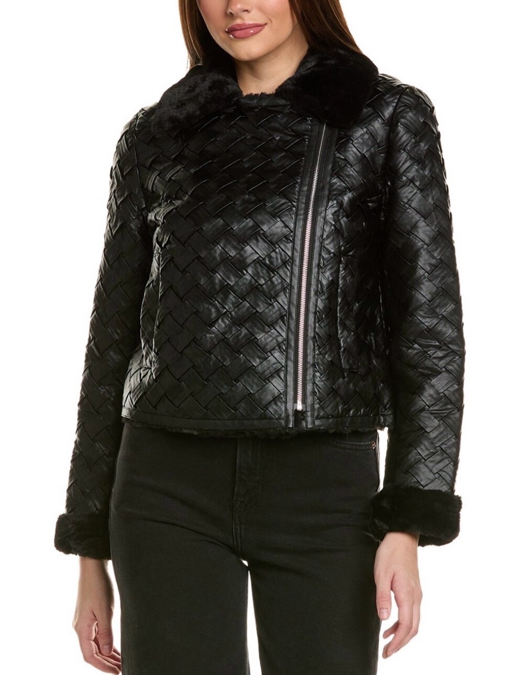 Adrienne Landau Black Woven Faux Leather Bomber Jacket with Fur Trim
